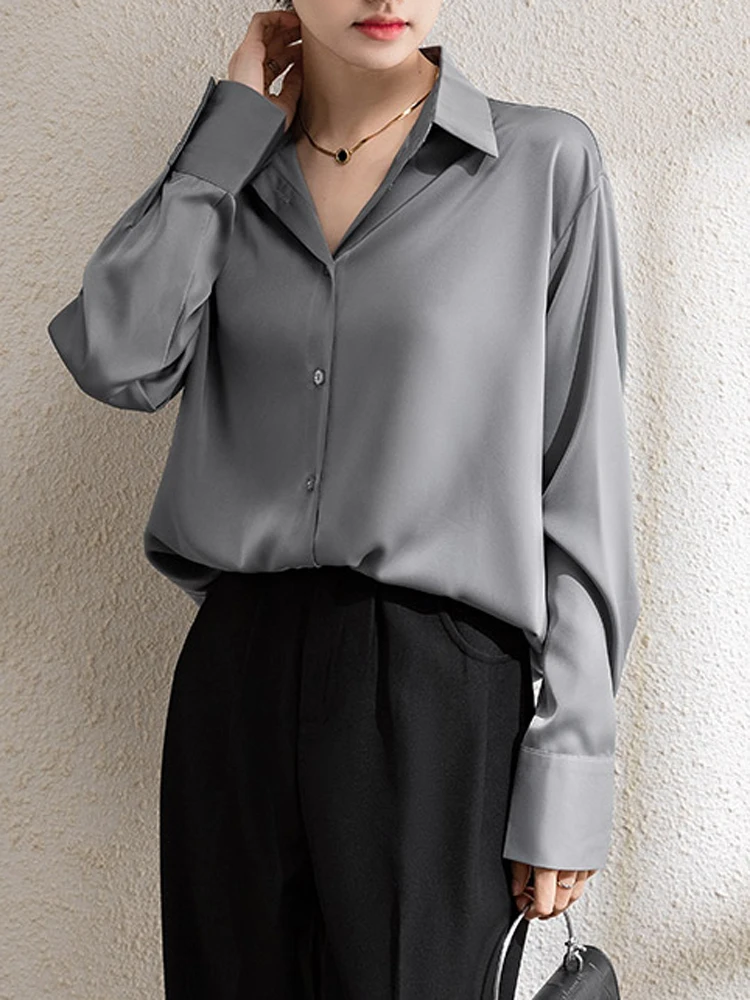 Camicia da donna in raso argentato moda elegante top OL camicetta da pendolare allentata Versatile 2024 autunno New Simple Lady Lazy Style Blusas