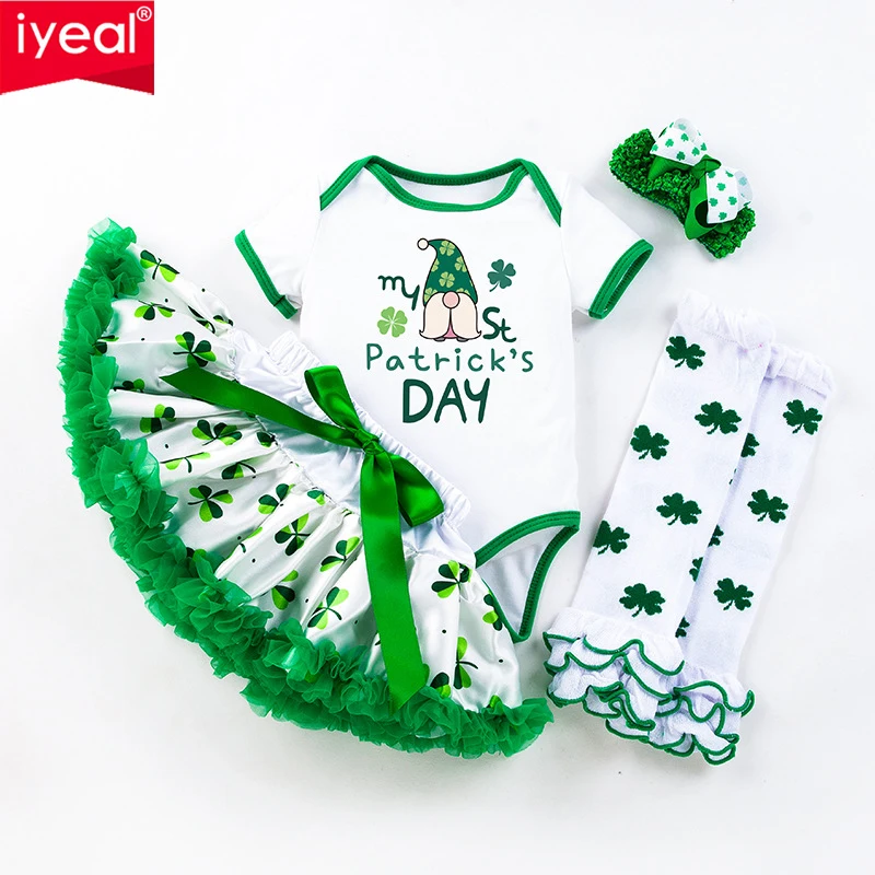 IYEAL St. Patrick's Day Baby Skirt Suit Short Sleeve Romper + Tutu Skirt + Anklets + Headband 4-Piece Set Baby Girl summer suit