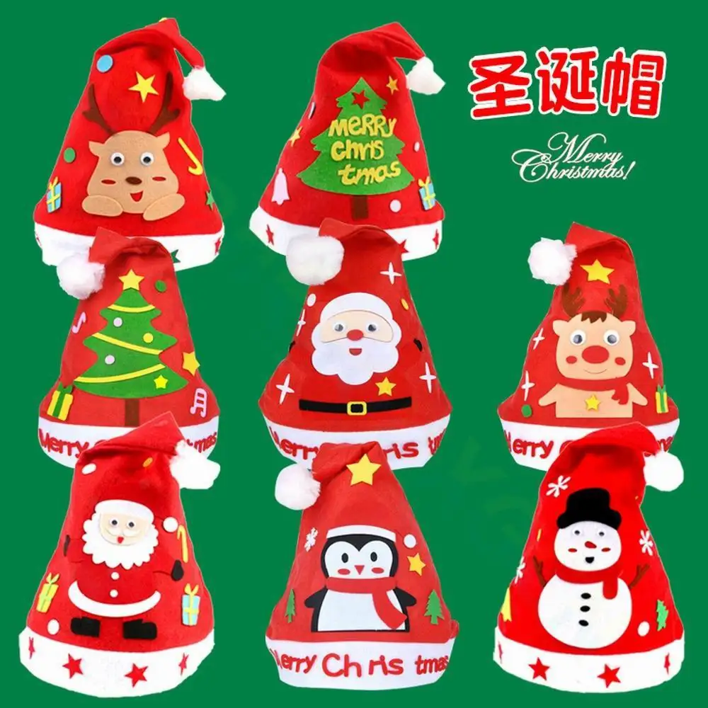 DIY Handmade Christmas Hat Non-woven Fabric Santa Claus Snowman Xmas Cap Toys for Kindergarten Children New Year Gifts