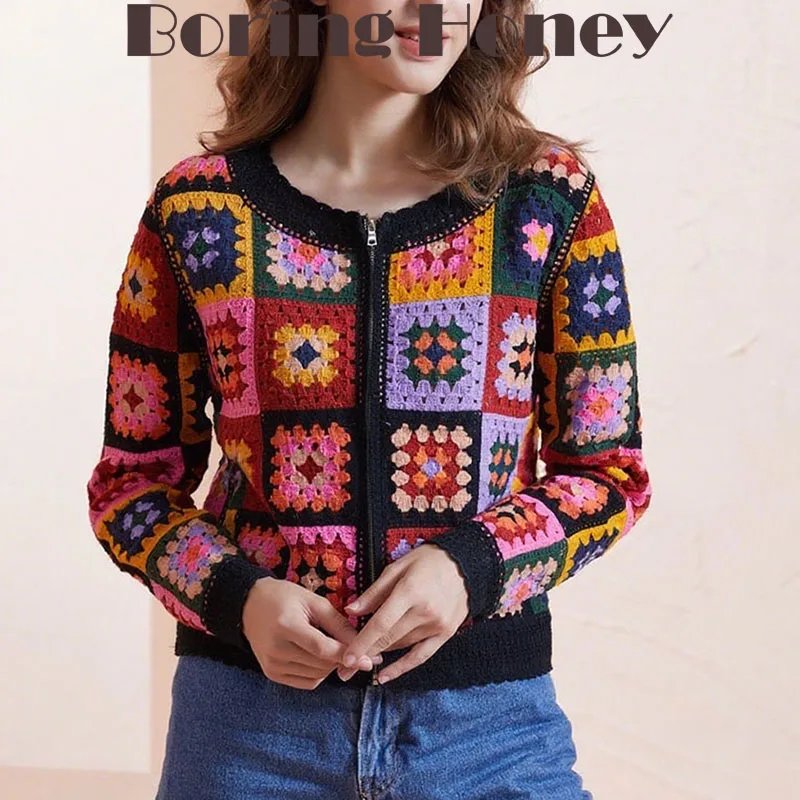 

Boring Honey Autumn Winter New Sweet Contrast Sweater Fashion O-Neck Zipper Color Lattice Cardigan Slim Thin All-Match Top Woman