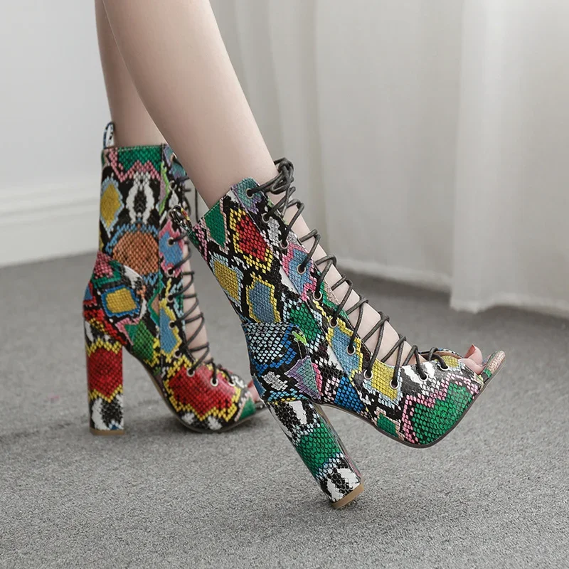 Snakeskin Lace - Up Front Chunky Sandal Boots Shoes for Women Heels Women Shoes