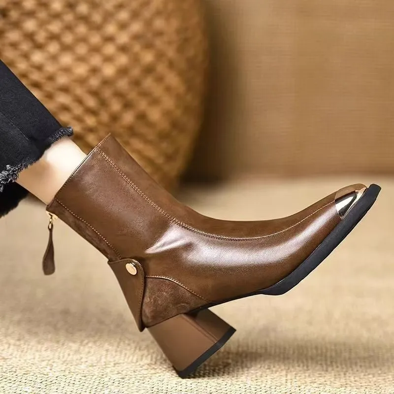 

Elegant Women Square Toe Chunky Ankle Boots Winter New Leather Fashion Designer 2025 Trend Women Shoes Luxury Party Boots Mujer