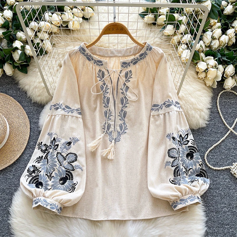 봄 가을 여성을위한 예술적 복고풍 자수 민족 스타일 블라우스 루즈 캐주얼 랜턴 슬리브 레이스 업 탑 트렌디 D79