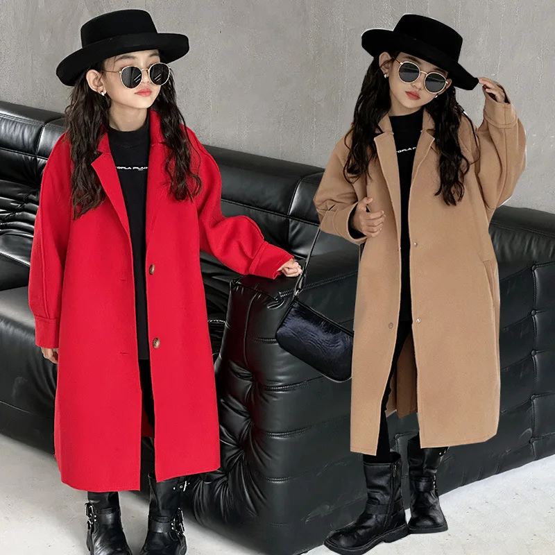 Girls Woolen Coat Overcoat Jacket Windbreak 2023 Long Warm Plus Thicken Winter Cotton School Gift Children's Clothing