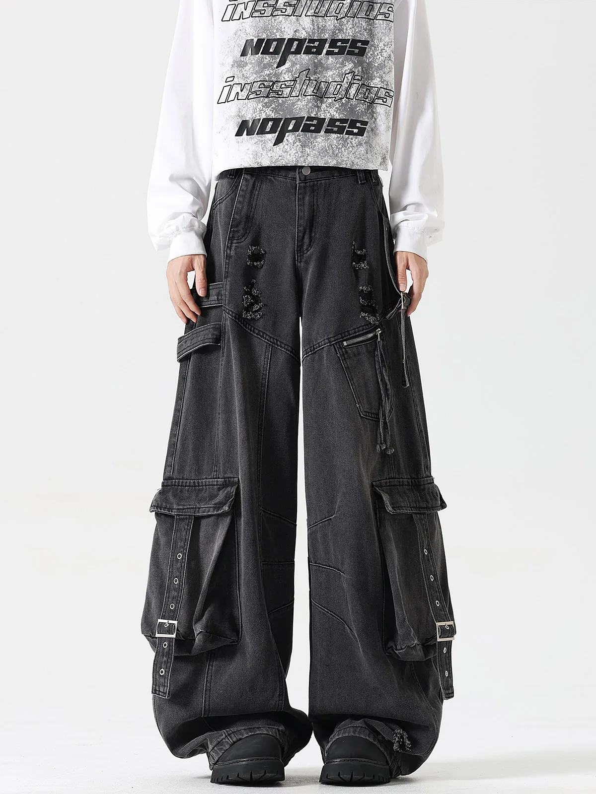 Men's Workwear Style Wide Leg Jeans Harlan Heavy Duty Silhouette Washed Ripped Torn Hole Belted Loose Straight Cut Jeans