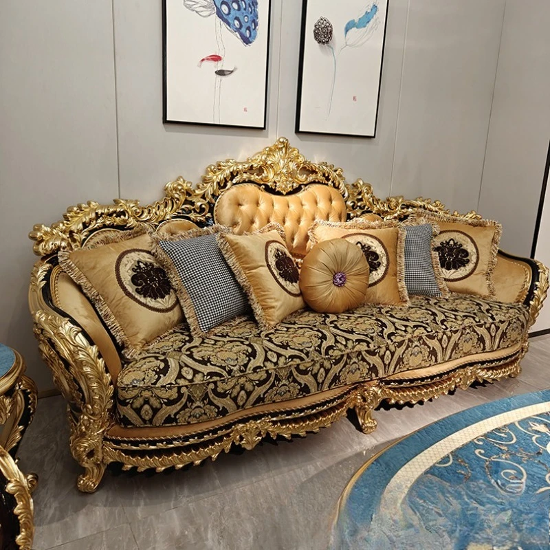 French Court Sofa, Solid Wood Carving Frame with Gold Foil, Villa Living Room Luxury Guest Luxury Fabric