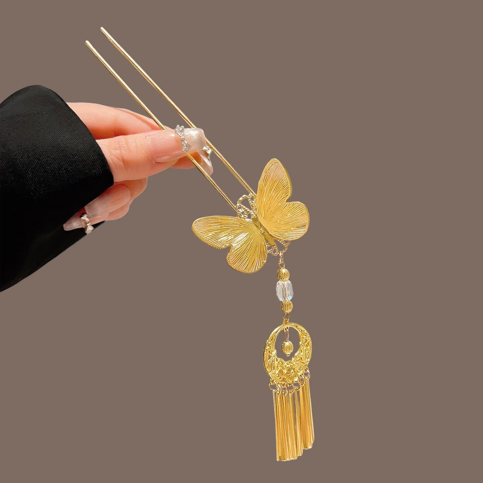1 palo de pelo de mariposa dorada para mujer, estilo Vintage Oriental con colgante de cristal y borla, accesorio elegante para el cabello para mujer
