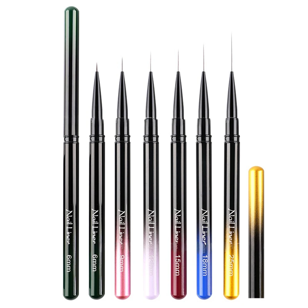 Pinceaux à ongles Extra fins, 6/9/12/15/18mm, pinceaux de conception pour peinture sur Gel, lignes fines et longues, détails, stylo de dessin, stylo de ligne à faire soi-même