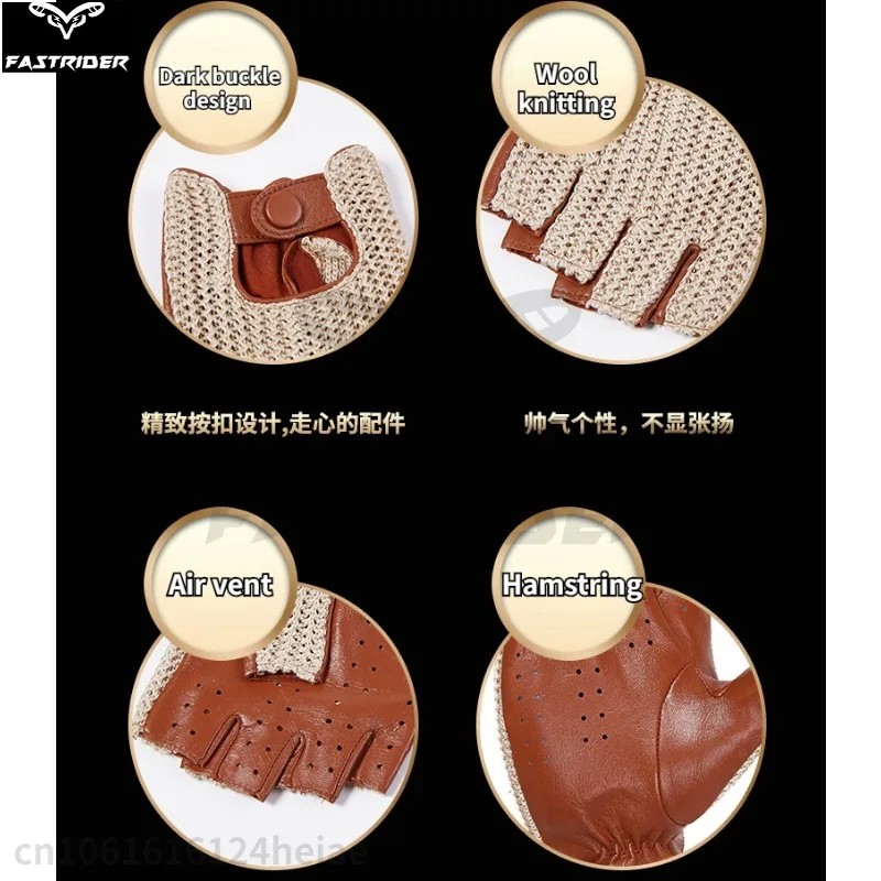 Men's Half-Finger Genuine Leather Gloves Braided Back of Hand Anti-Slip for Motorcycles Gloves guantes moto