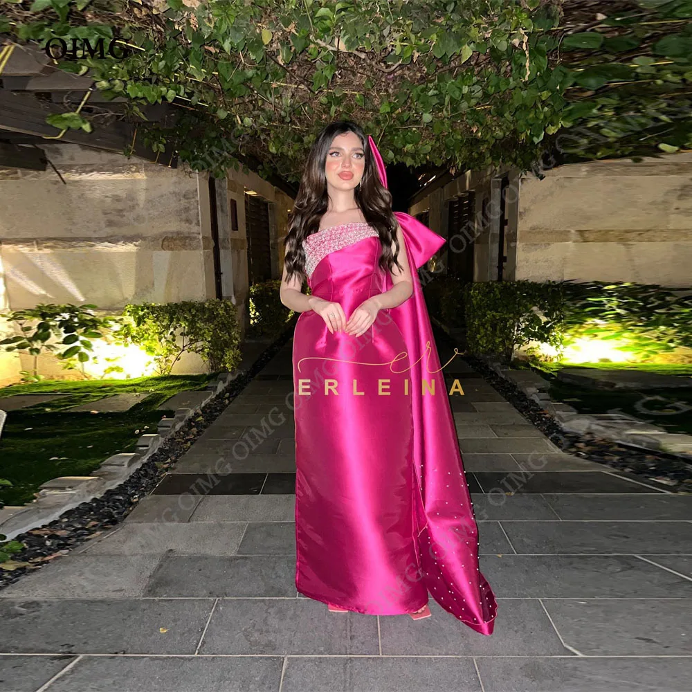 

OIMG Fuchsia Straight Vestidos Elegantes Para Mujer Evening Dresses Satin One Shoulder Sleeve Sparkly Beadings Robes De Soirée