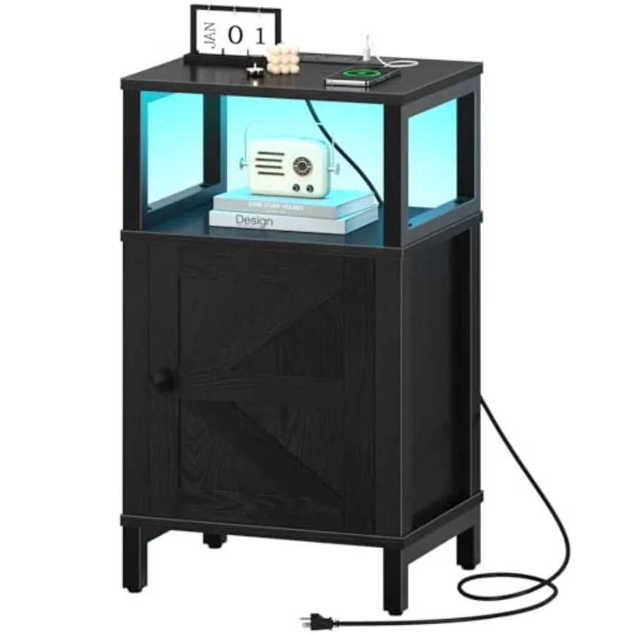 

Прикроватная тумбочка в стиле фермерского дома с зарядной станцией, деревянная тумбочка с USB-портами, светодиодная прикроватная тумбочка с отсеком для хранения, для спальни