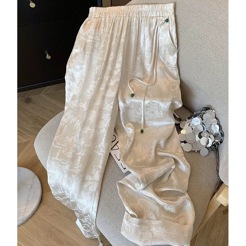 Chinese Style Satin Women Pants Spring Summer Loose Vintage Pantalones De Mujer High Waist Elegant Wide Leg Trousers