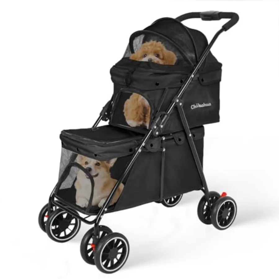 

Double pet stroller for dogs and cats, black, lightweight folding design with 4 lockable wheels, ideal for two small to medium