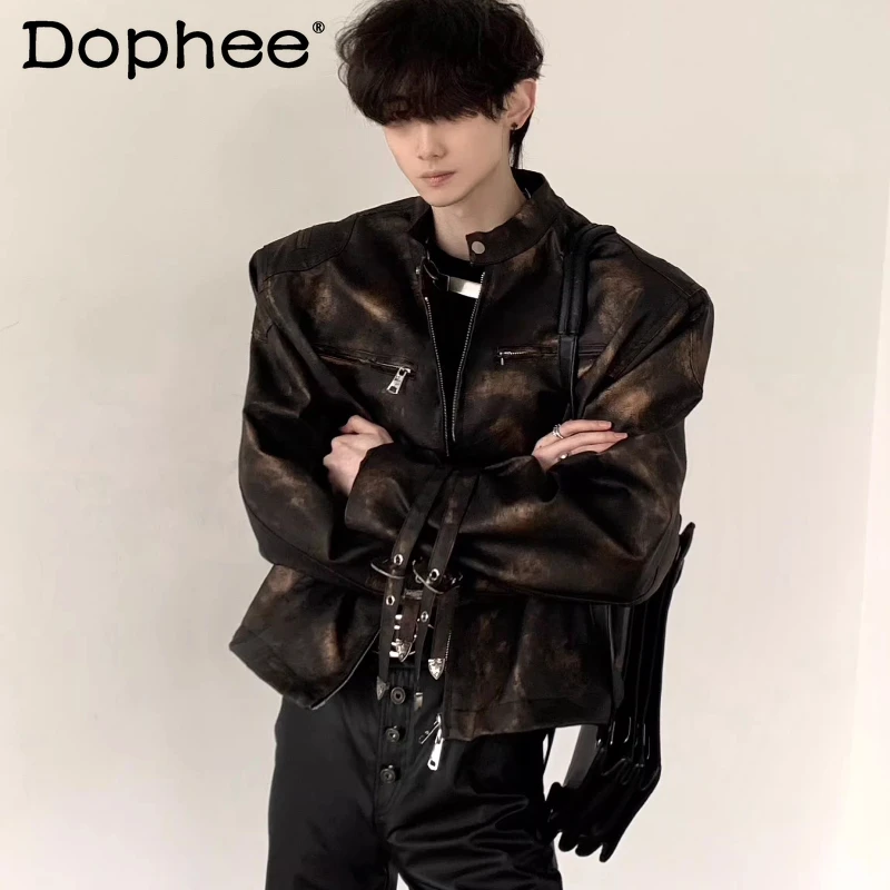 

Fashion Faux Leather Jackets Men's 2026 Spring New Handsome Multi-Zipper Design Chic Tops Long Sleeve Stylish Faux Leather Coats