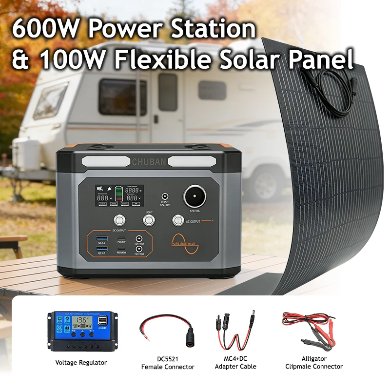 600W Tragbare Powerstation mit optionalem 100W flexiblen Solarpanel MPPT 100000mAh 600W für Notstromversorgung zu Hause, Outdoor, Camping, Wohnmobil