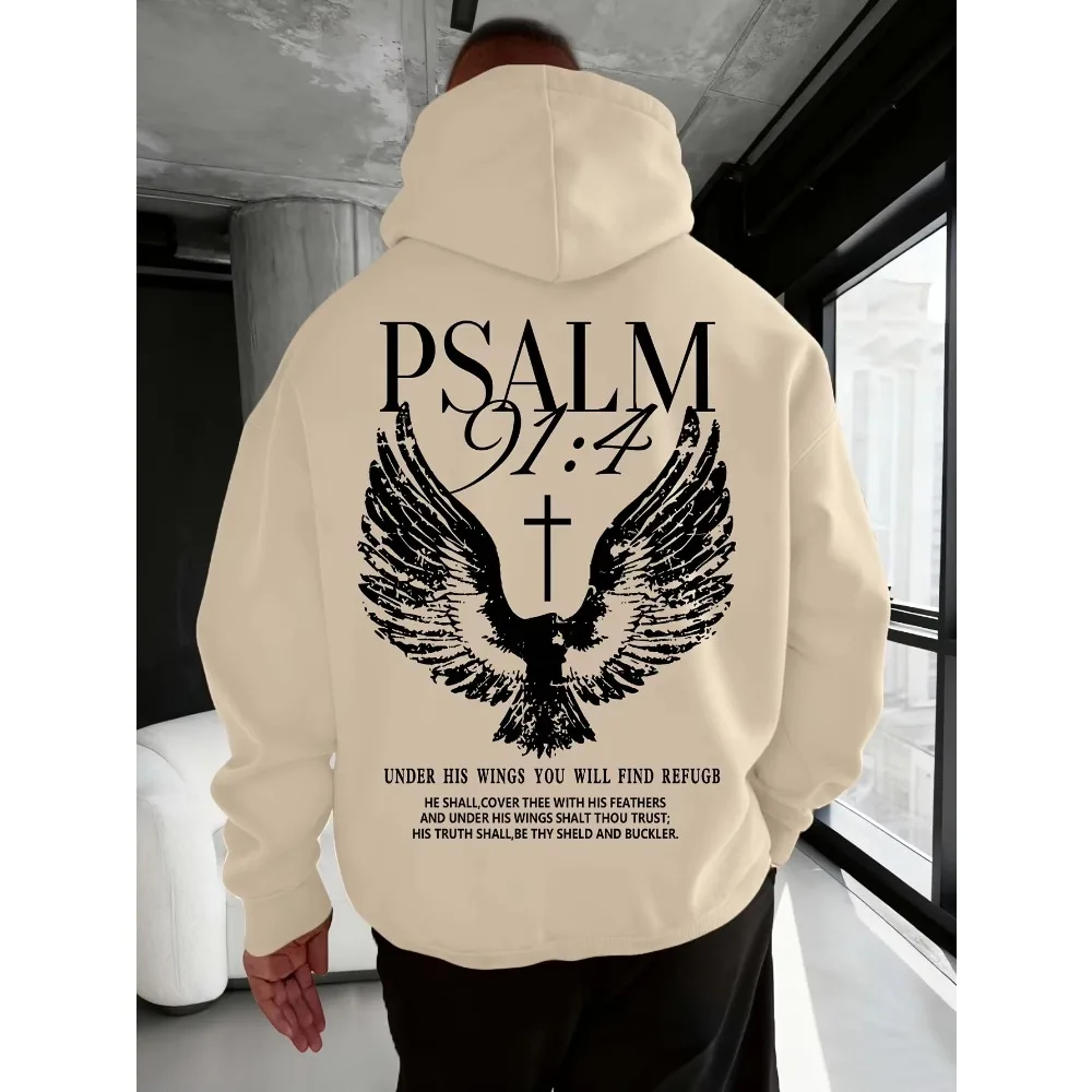 Christian Bible Verse Psalm 91:4 Print Hooded Sweatshirt Men Women Autumn Winter Outdoor Vacation Casual Streetwear Pullover Top