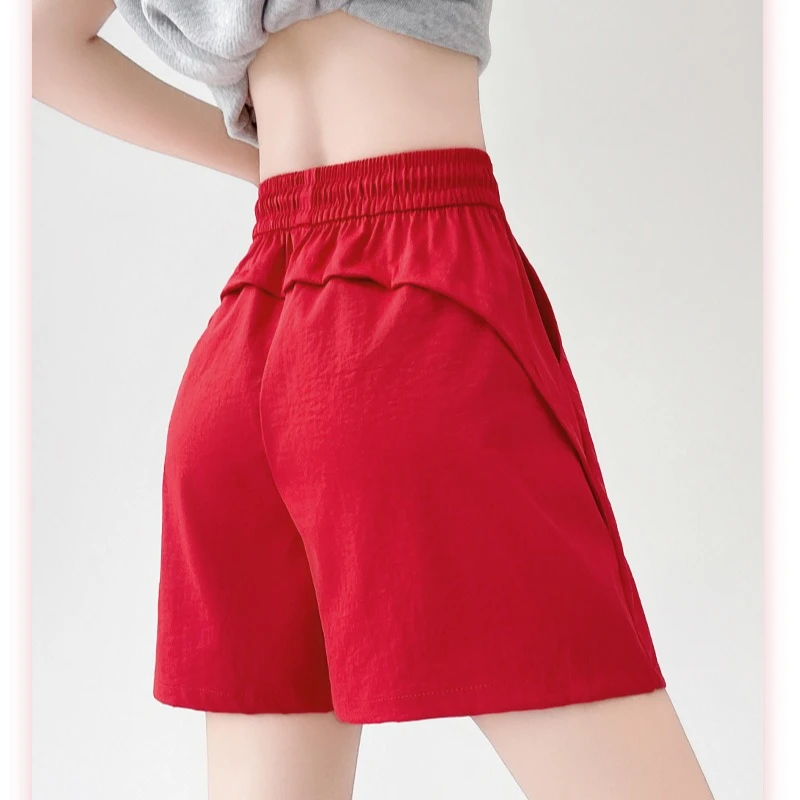 Women's Wide Leg Cargo Straight Shorts Solid High Waist A-line Ice Silk Quick-drying American Shorts Breathable Red Short Pants