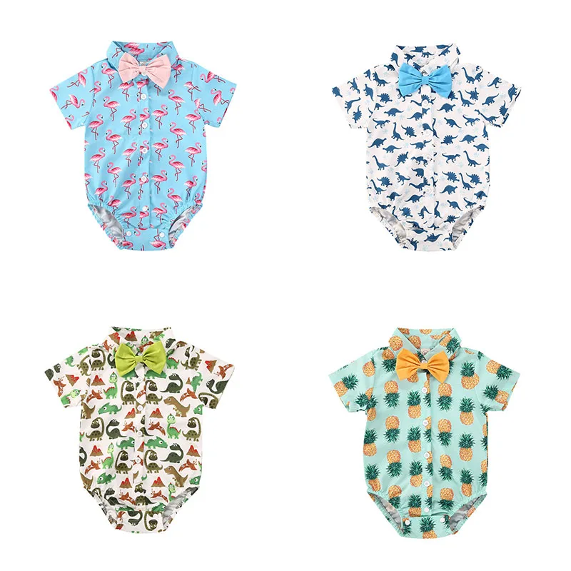 Lioraitiin 0-24M New Infants Boys Bodysuit Summer Dinosaur Bird Pineapple Print Short Sleeve Cotton Hot Clothes Leotard