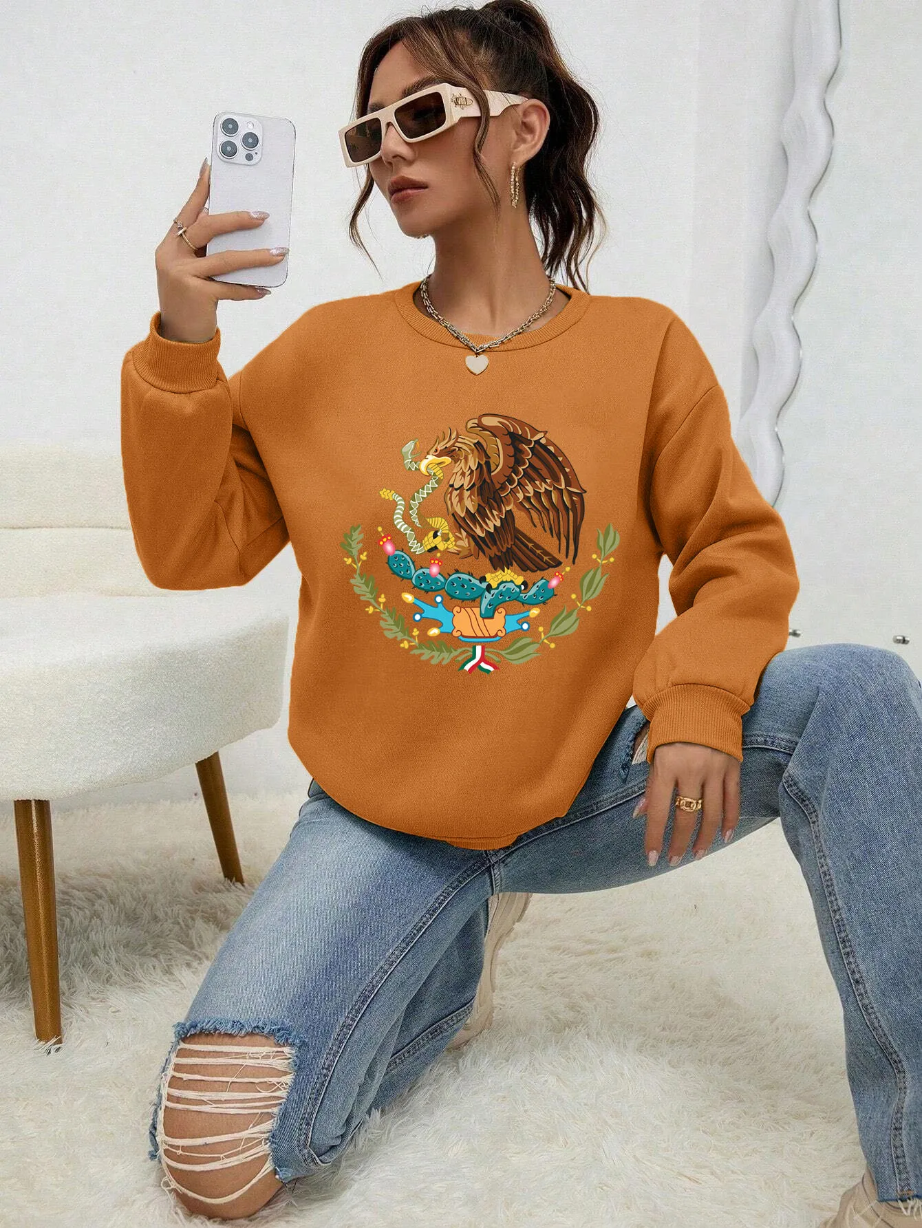 Mexico A Divine Eagle Holding A Snake In Its Beak Printed Streetwear Women  Autumn Sweatshirt Fleece Hoodies Crewneck Tracksuit