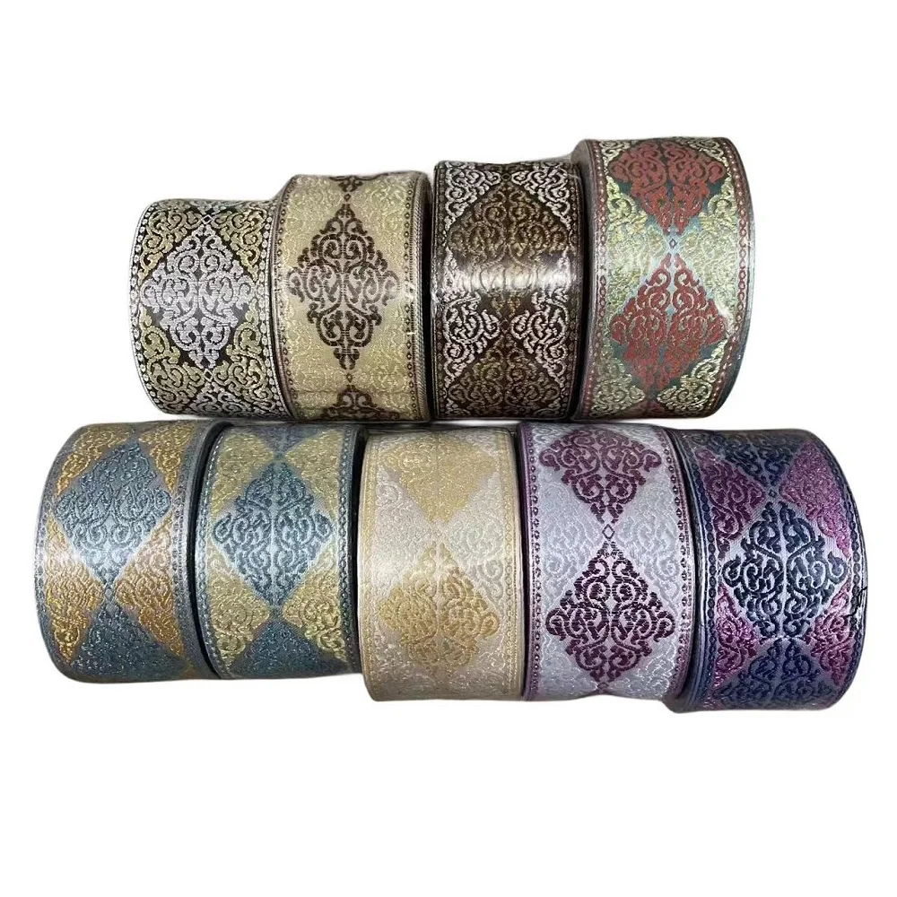 5Yards/Lots Woven Jacquard Ribbon 6cm Flowers Geometric Totem Pattern Gold For Clothing Straps Accessory IS-3305