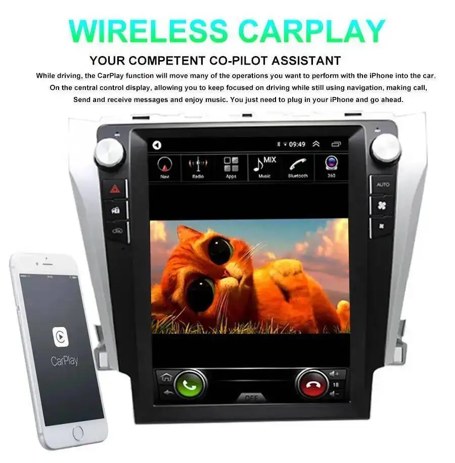 12.1 بوصة Carplay مشغل فيديو الوسائط المتعددة رئيس وحدة لتويوتا كامري 2012-2015 سيارة بلوتوث أندرويد 14 نظام تحديد المواقع والملاحة 4G WIFI