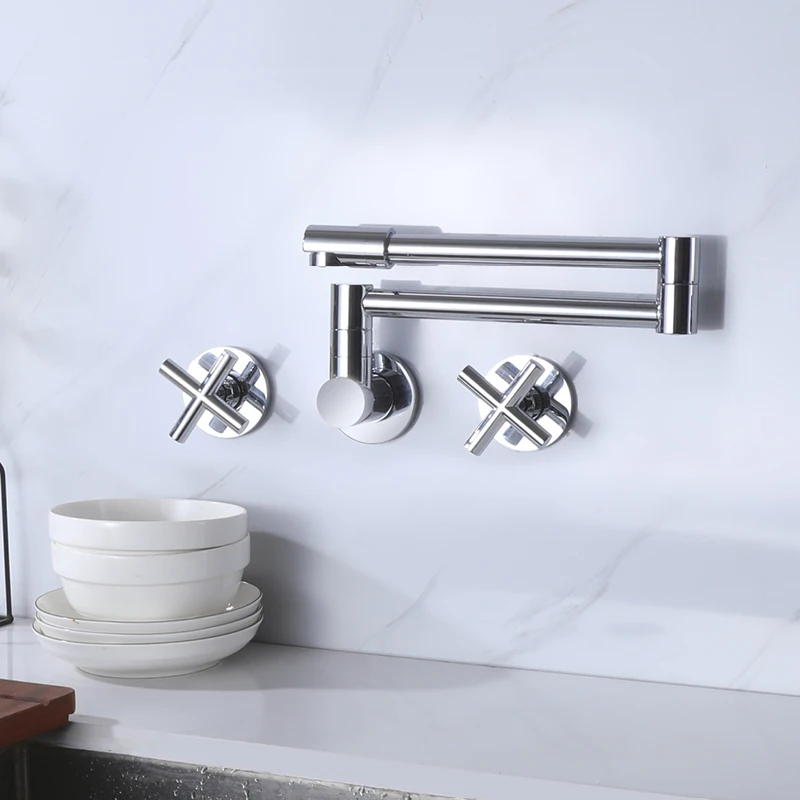Chrome Wall Mounted Kitchen Folding Sink Faucet Double Handle Hot And Cold Mixer Tap 360° Rotation Swing Arm Folding Kitchen Tap