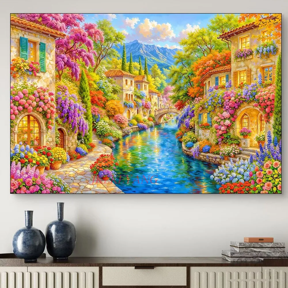 Beautiful Town with Flowers and Rivers 5D DIY Diamond Painting Full Diamond Mosaic Embroidery Kit Home Decor Craft Gift