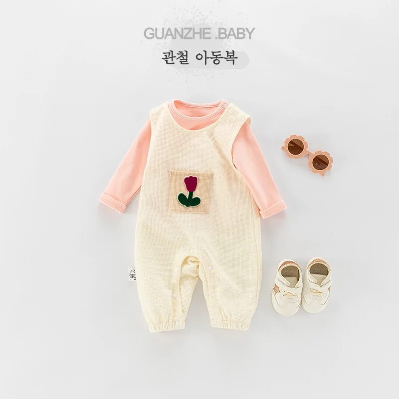 2024 Infant Girls 2PCS Clothes Set Autumn Solid Cotton Shirts Floral Pocket Round Collar Bodysuit Suit Newborn Girls Outfits