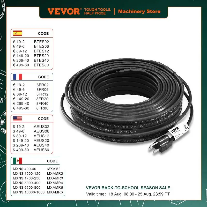 VEVOR Self-Regulating Pipe Heating Cable 100-feet Heat Tape for Water Pipe Anti-freeze Frost Protection Self Regulation Wire