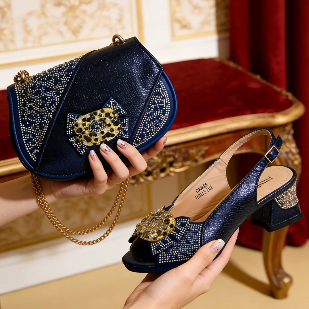 

Итальянские модные банкетные туфли и сумки Venus Chan, африканские женские сумки с украшениями из страз и женские туфли на высоком каблуке