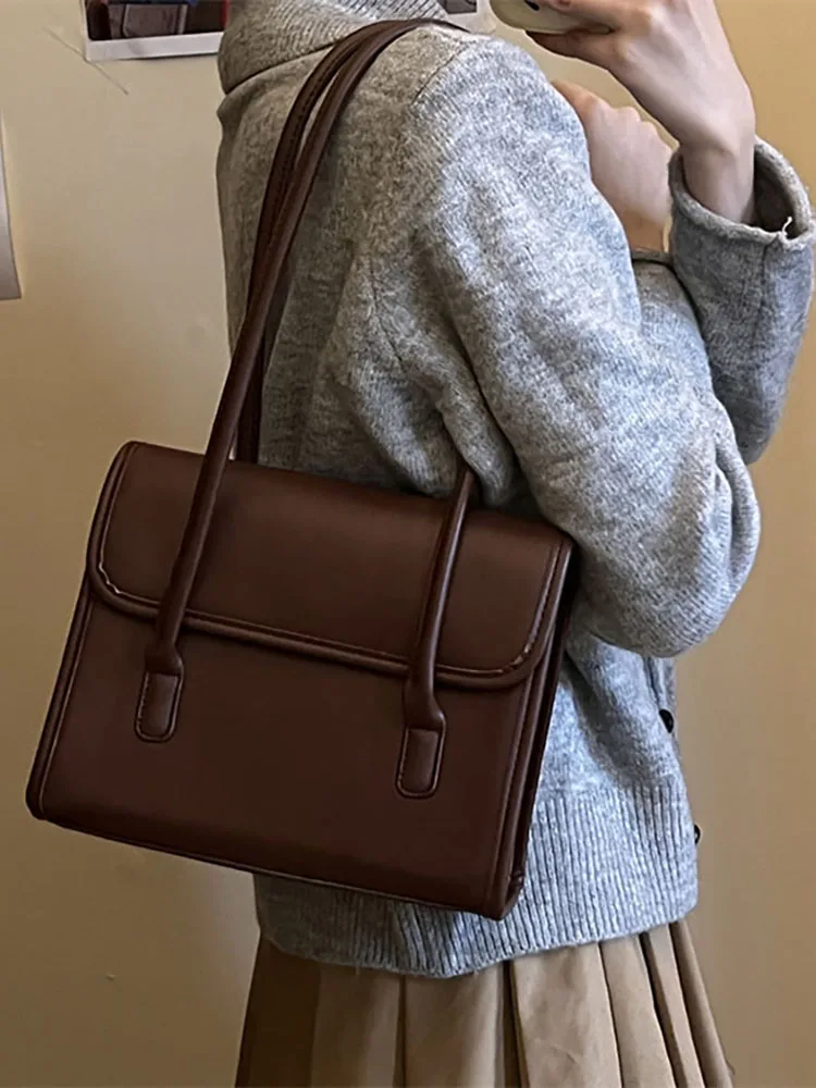 Solid Color Vintage Textured One Shoulder Bag Daily Commuting Students Underarm Bags High Quality New PU Leather Women Handbag