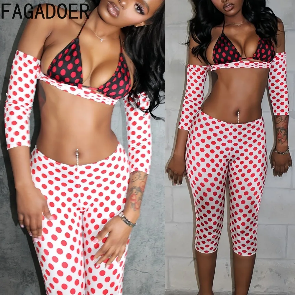 

FAGADOER Y2k Sexy Polka Dot Print Patchwork Woman 2 Piece Set Outfit Sleeves Connected Crop Top and Pants Female Streetwear New