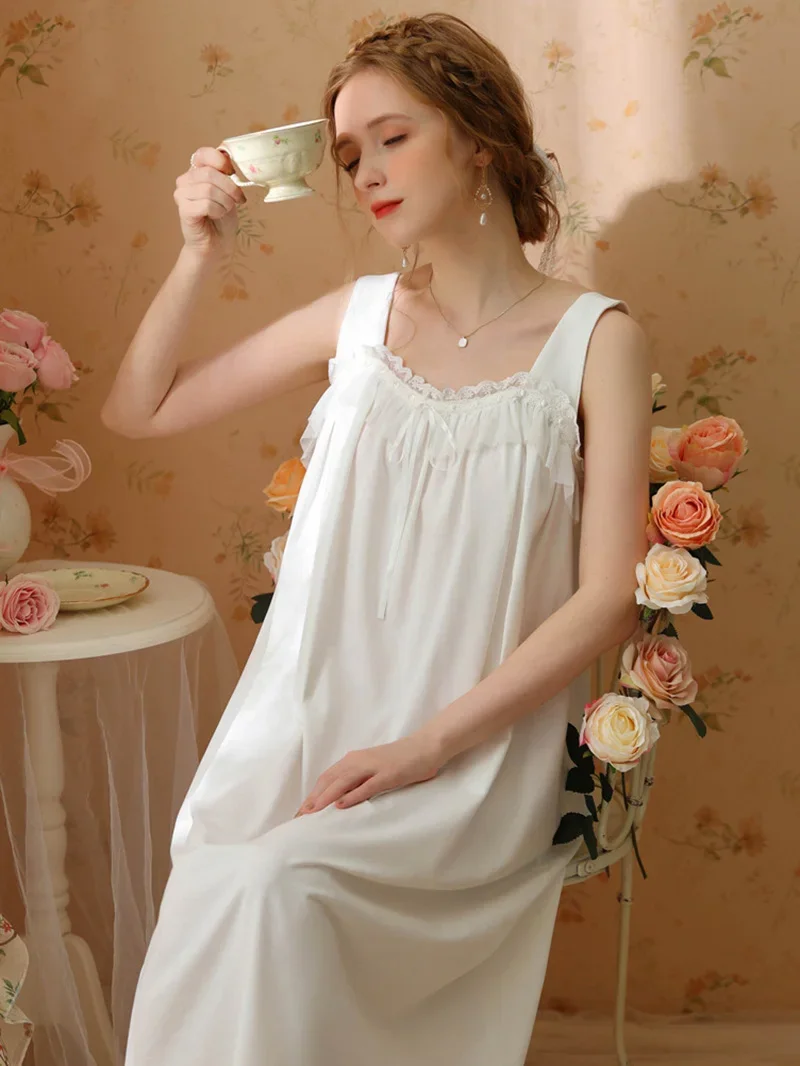 Vintage Princess Sleeveless Backless Pajama Women\'s Summer French Sweet Medium Long Lace Ruffles Romantic Victorian Night Dress