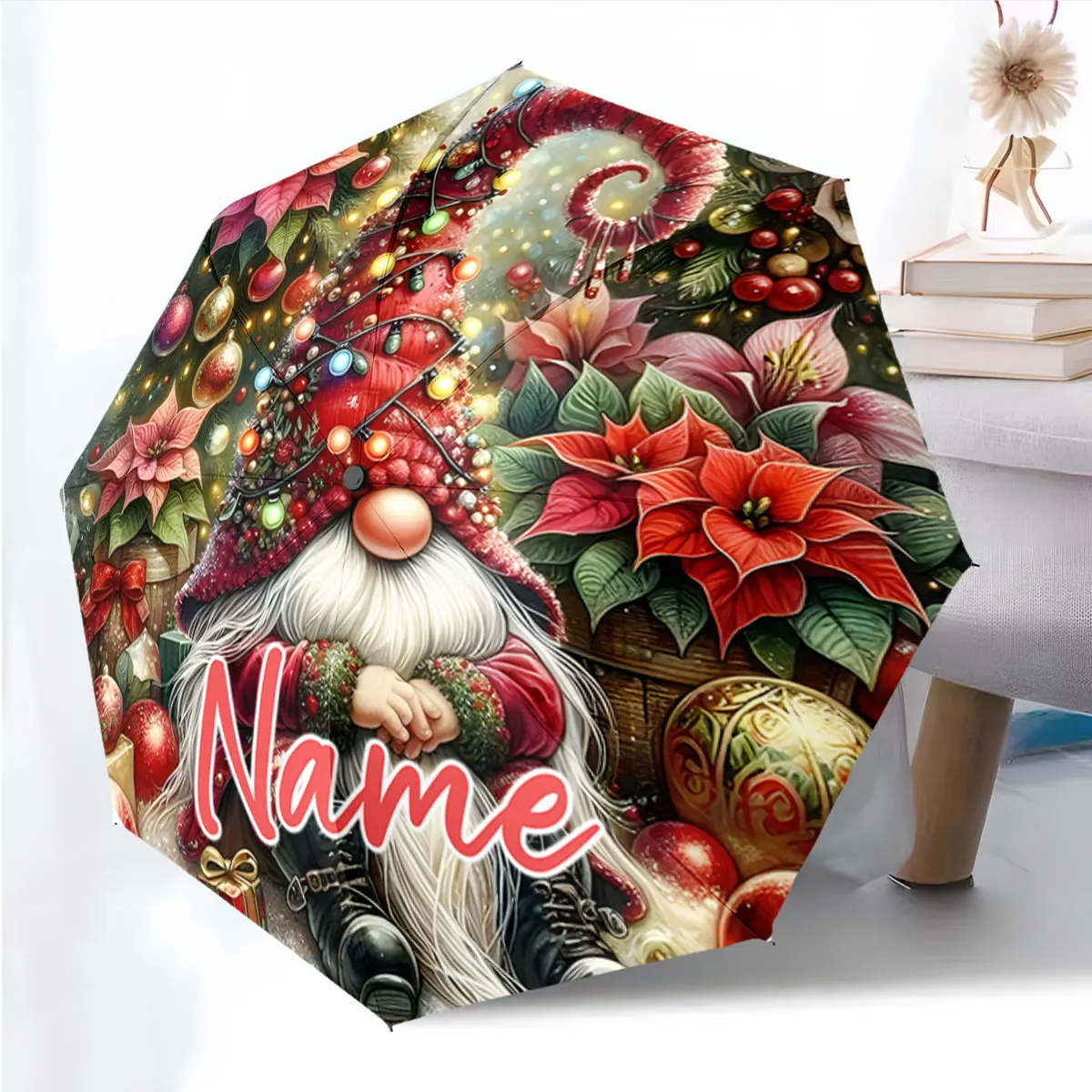 Custom Name Christmas-Themed Umbrella with Festive Patterns Print 8 Iron Ribs Folding Umbrella, Auto-Open Fashion Sunshade