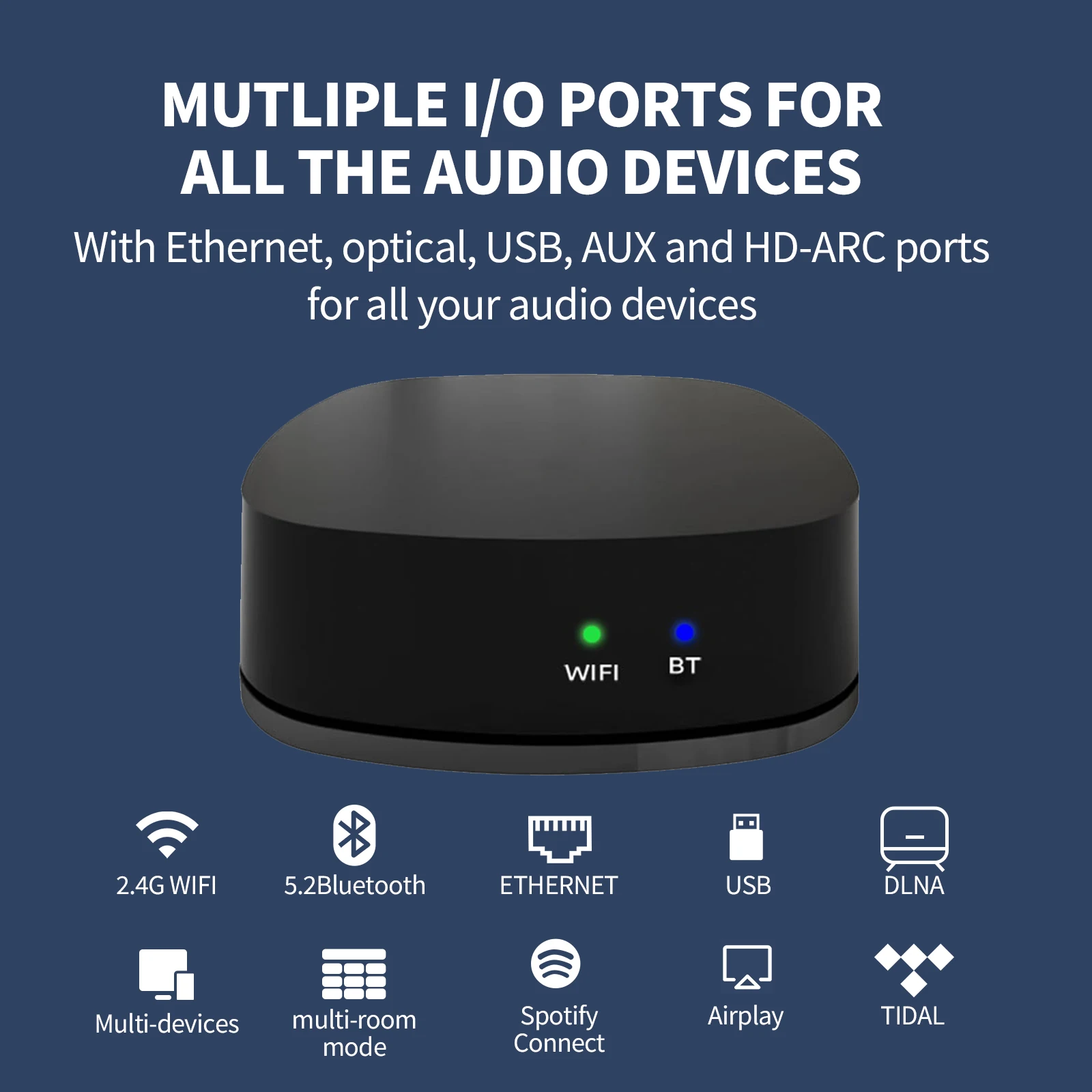 Reproductor de Audio Inalámbrico Hi5, Receptor de Música HiFi con AirPlay Bluetooth 5.0, Multiroom para Spotify, Tidal, 