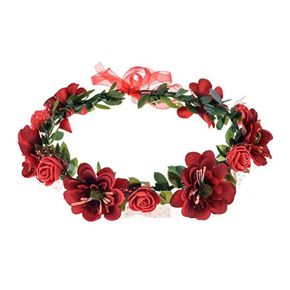 Adjustable Ribbon Flowers Leaves Headbands Girls Floral Wreath Rose Flower Crown Bridal Halo Headpiece Bohemia Garland 2024 New