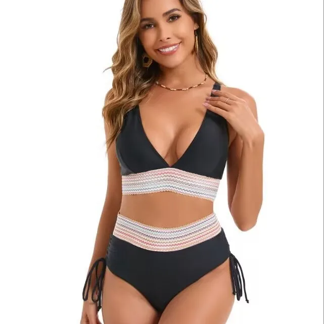 

Сексуальный цветной женский купальник бикини с высокой талией, 2024, трансграничный новый треугольный дизайн с накладкой на грудь, без стального кольца