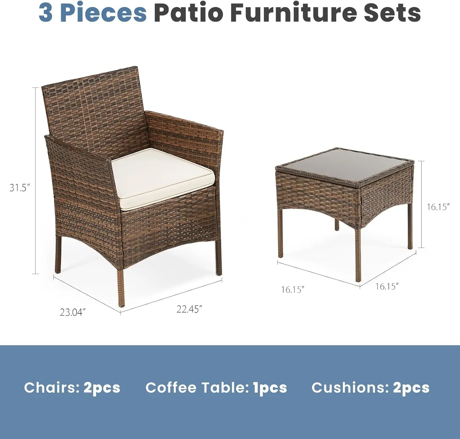 Dumos Patio Furniture Set 3 Pieces, Outdoor Wicker Furniture With Coffee Table, Modern Rattan Patio Chairs Conversation Sets