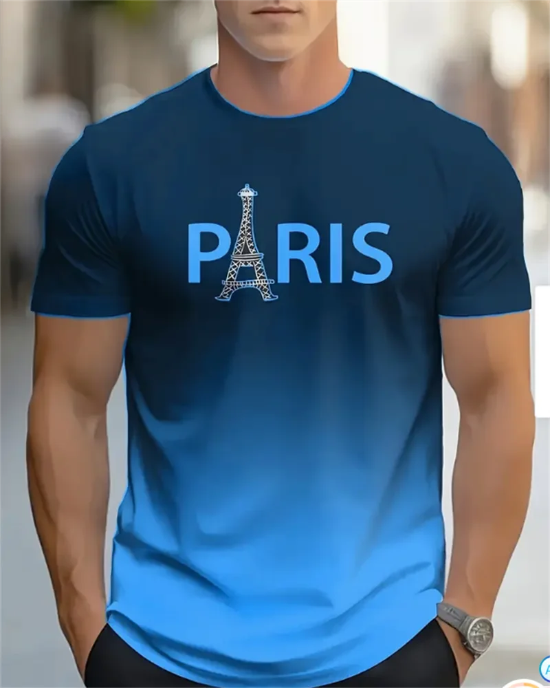T-shirt da uomo stampata in 3D della Torre Eiffel di Parigi - Manica corta casual, Top estivo con design sfumato per esterni