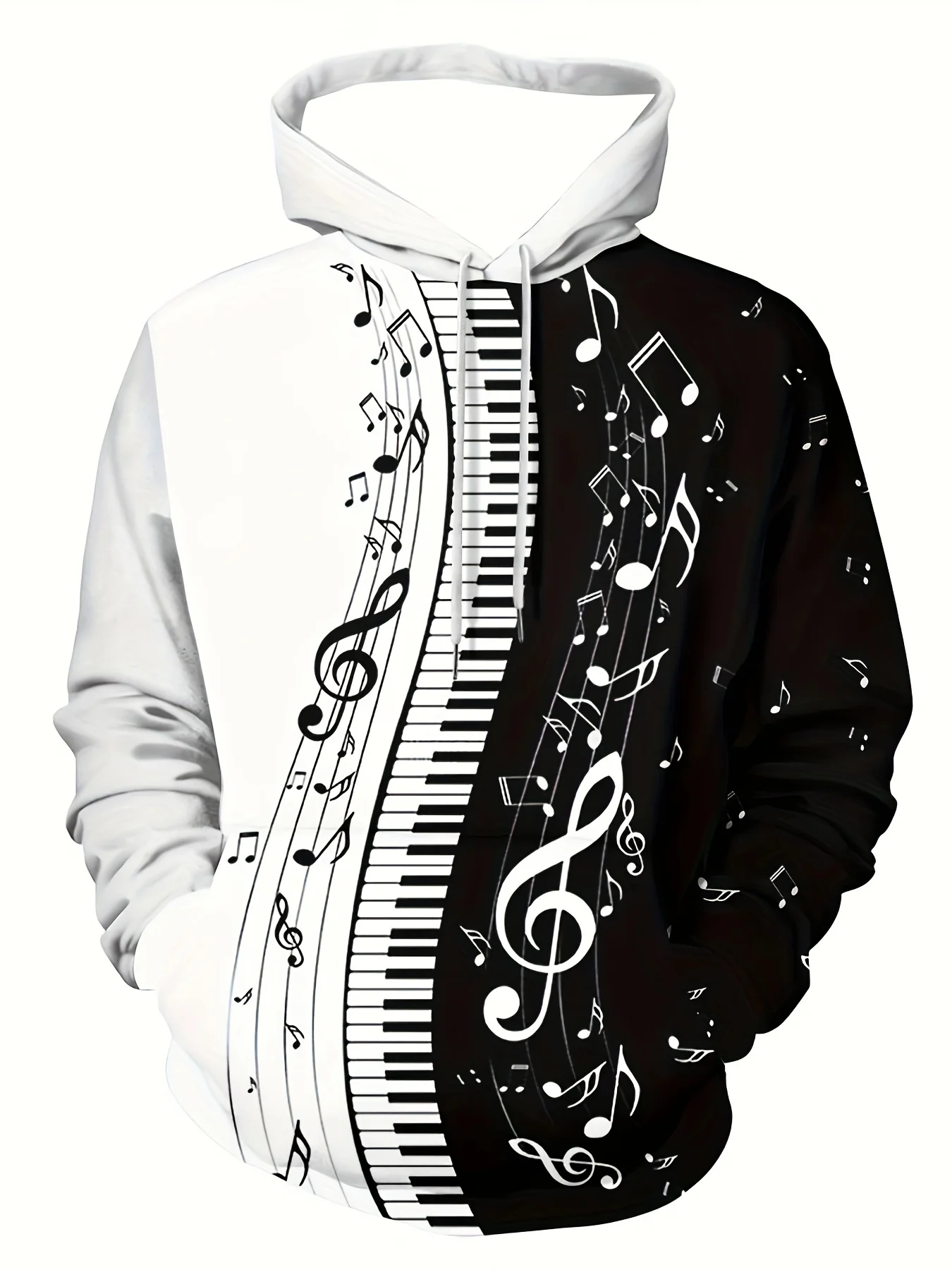 La nueva sudadera con capucha para hombre para el otoño de 2025, presenta una impresión de teclas de piano en blanco y negro en 3D informal y sencilla que es suave