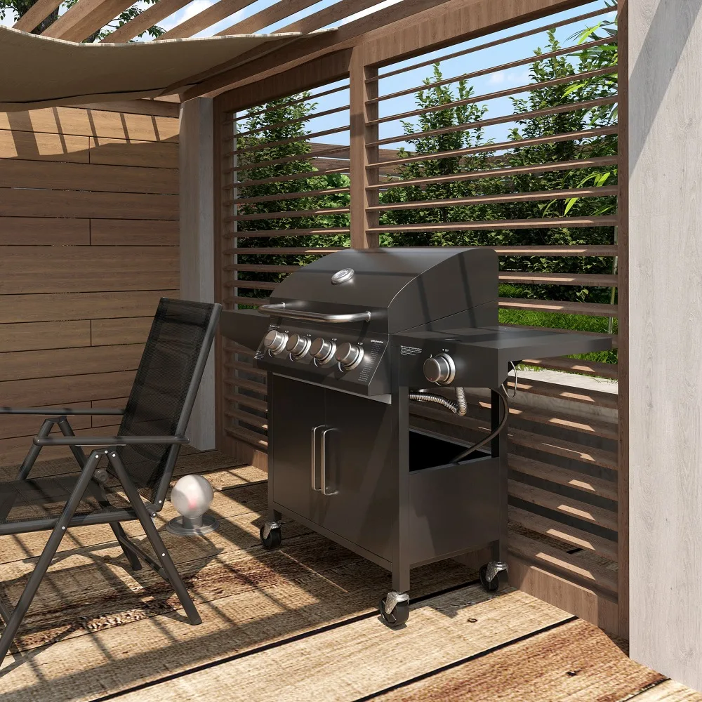 

4+1 Burner Gas Grill Garden BBQ Trolley w/ Side Burner, 4 Wheels