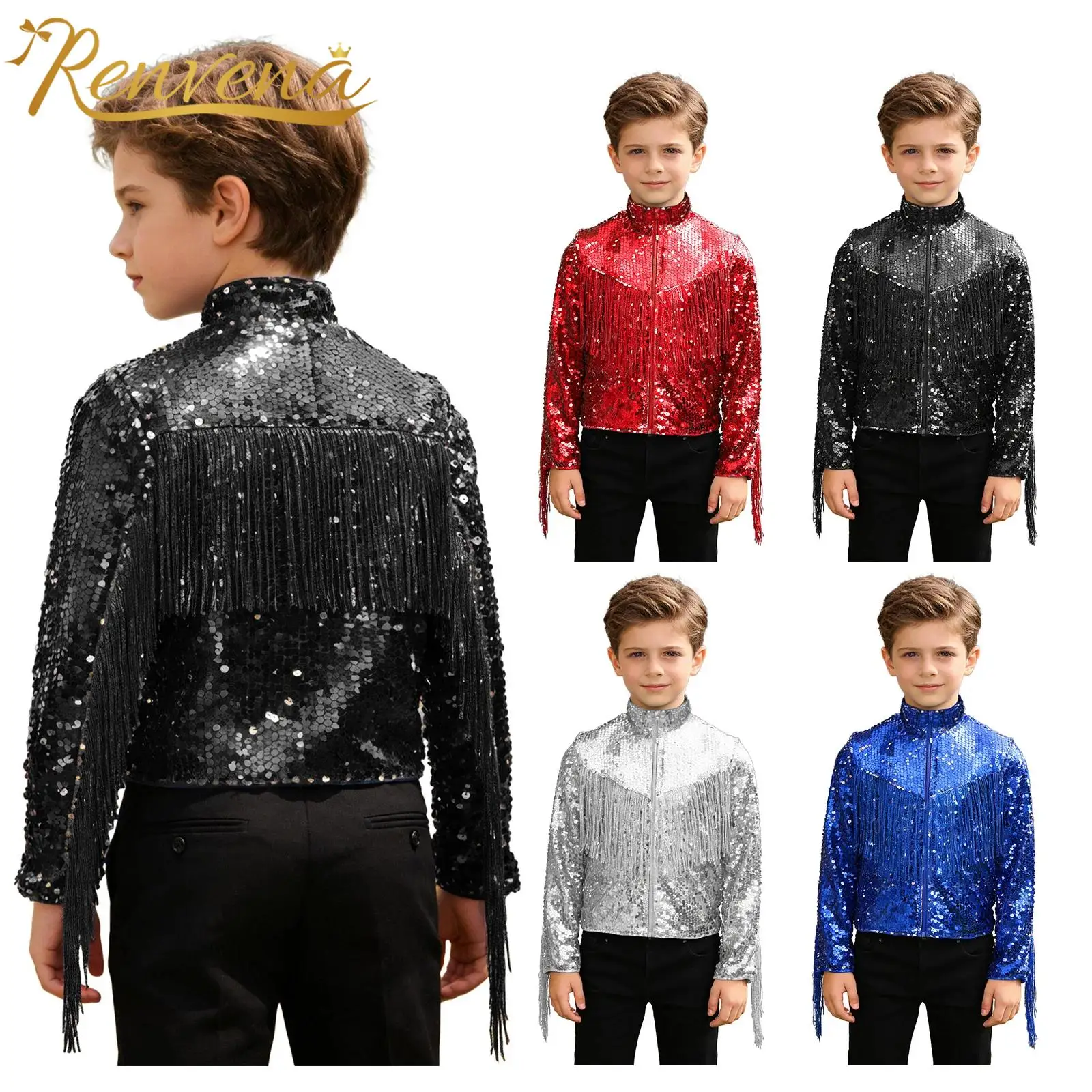 Fashion Boys Jacket Streetwear Kids Sequined Tassel Fringe Coat Outerwear for Cowboy Party Rave Disco Hip Hop Jazz Dance Costume