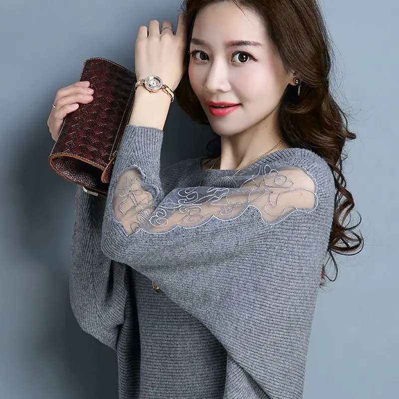 

Весенне-осенний новый однотонный воротник, вязаная рубашка-летучая мышь, свитер, женский свитер с кружевными рукавами, модный и универсальный тонкий внешний топ, модный