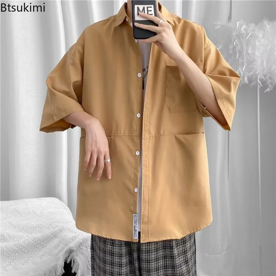 

New 2025 Men's Summer Short-sleeved Shirt Hong Kong Style Solid Color Tops for Men Fashion Handsome Casual Loose Male T-shirt