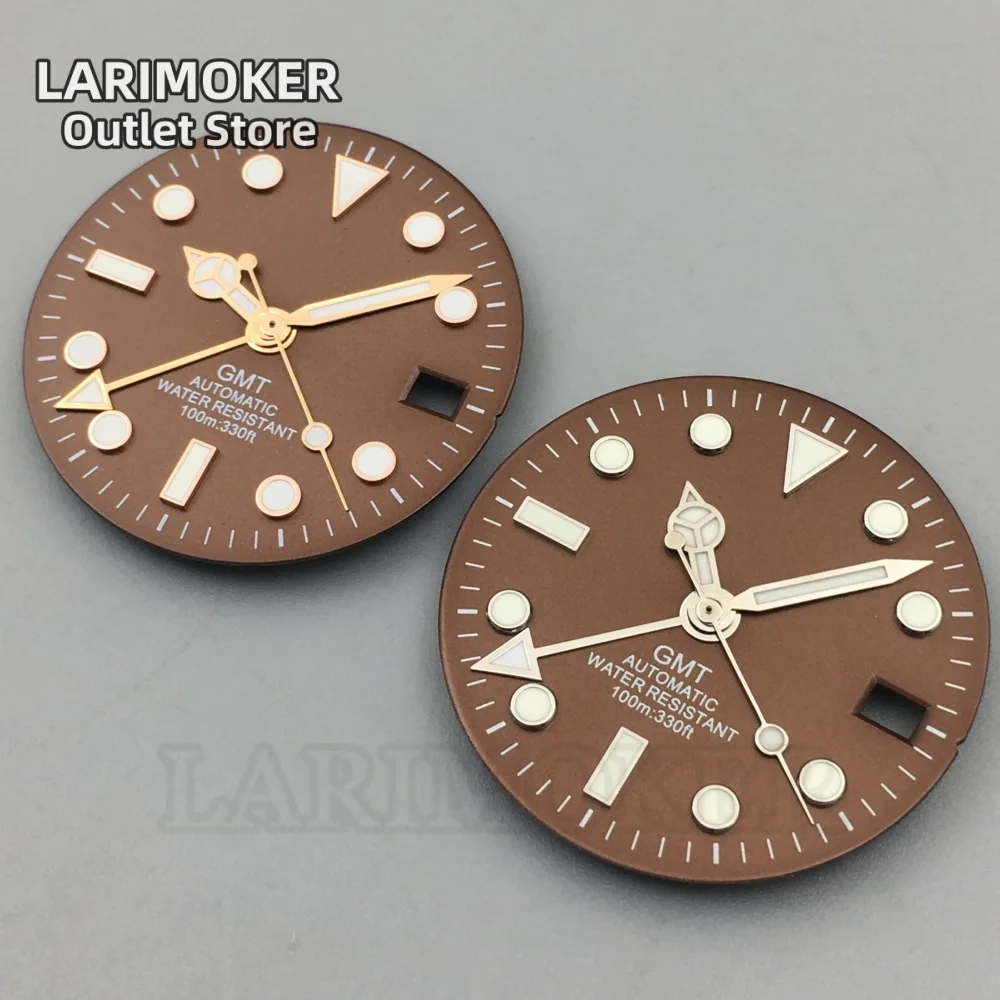 LARIMOKER 29mm Brown Coffee GMT NH34 Watch Dial Silver Rose Edge Time Marks Green Luminous For NH34 NH35 Movement Date