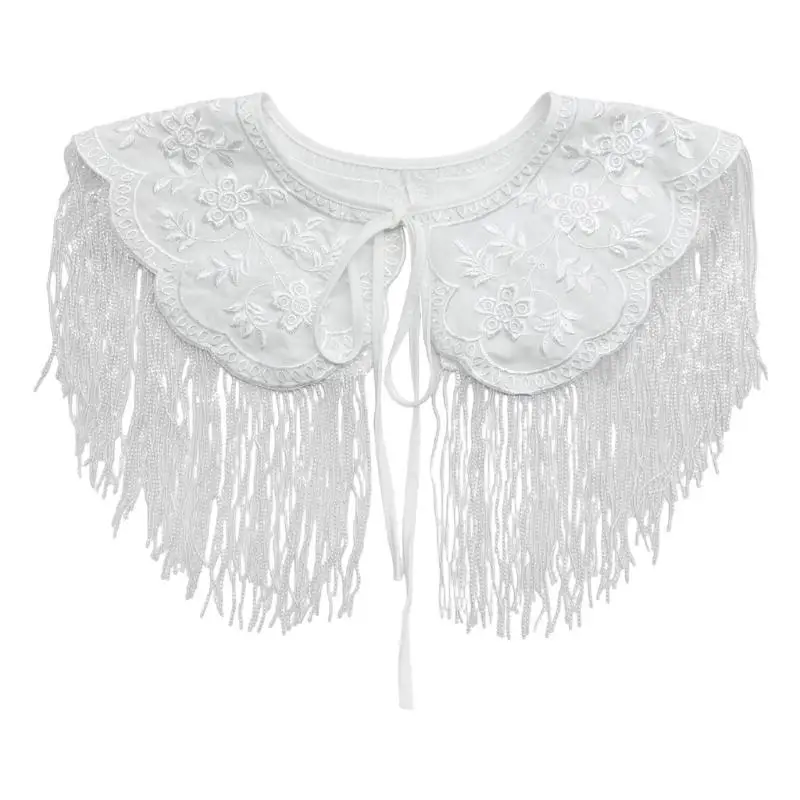 39BD Embroidered False Collar with Fringe Detachable Shoulder Cover Overlay and Front Tie for Party Looks and Daily Styling