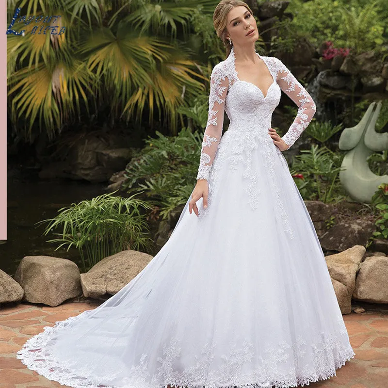 Robe de mariée trapèze, col en V profond, manches longues, dentelle, Slim, mode, queue de mariée, printemps, 2022