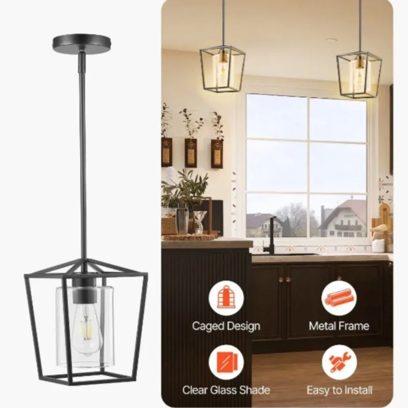 

Практичный металлический подвесной светильник с черной железной клеткой и стеклянным абажуром, лампа для обеденного бара в индустриальном стиле