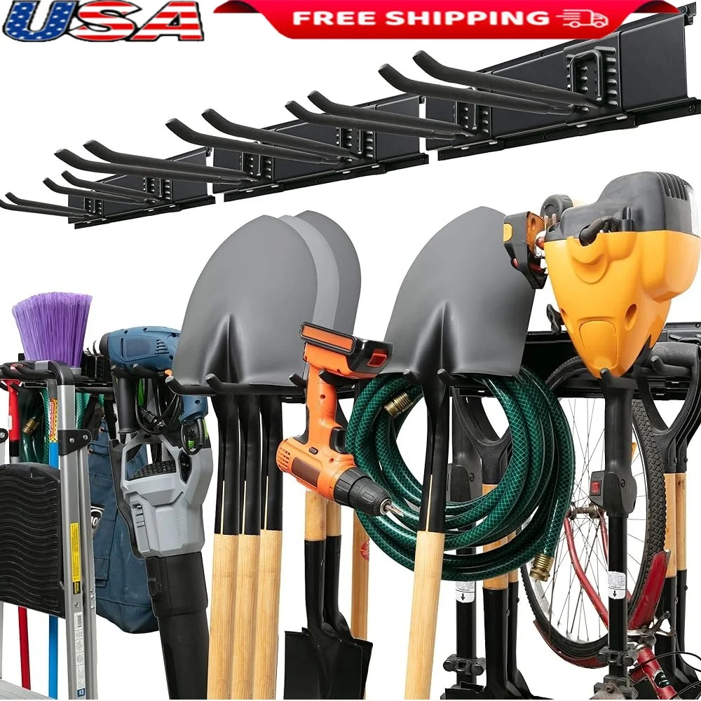 

Heavy-Duty Garage Tool Organizer Wall-Mounted Storage Rack Adjustable Hooks Shovels Brooms Power Tools Easy Installation 300lbs