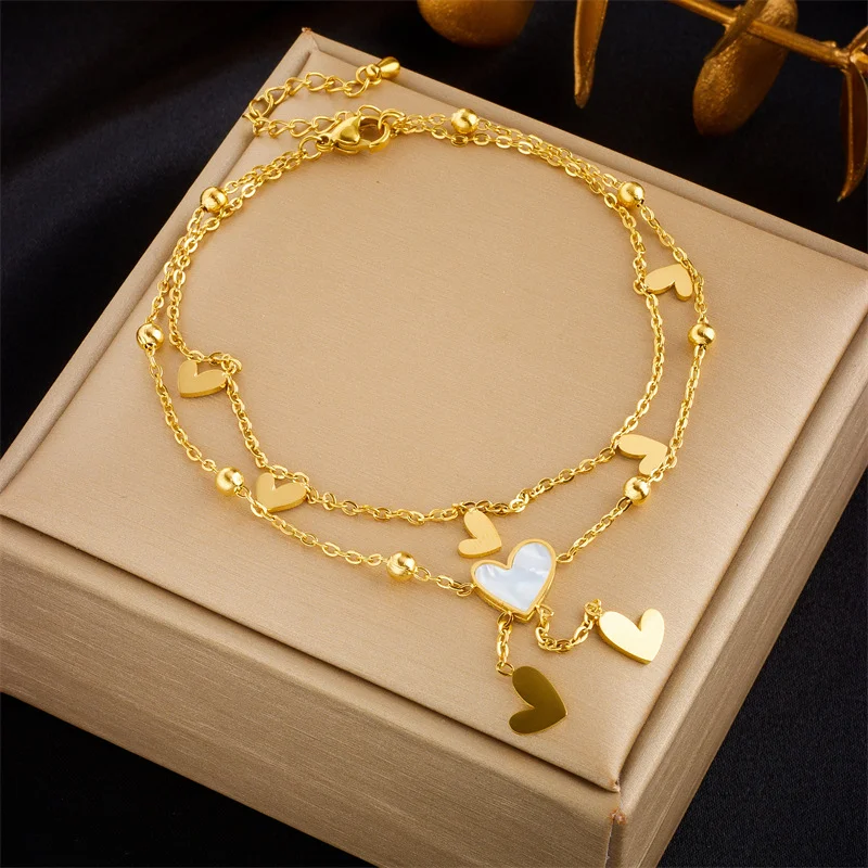 

18K Gold Plated Shell Heart Bracelet, Double Layer Chain with Love Charms, Romantic Stainless Steel Jewelry